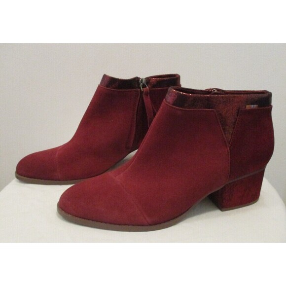 NEW Toms Suede Ankle Booties "Loren" Burgundy Snake Print Boots SZ 9 Zip Up - Picture 1 of 11